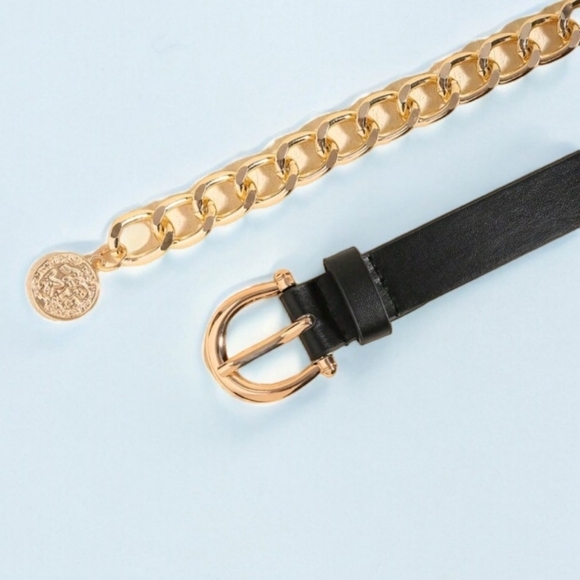 Womens edgy black Faux leather Y2K metal gold chain waist punk rock dress belt - Picture 15 of 17